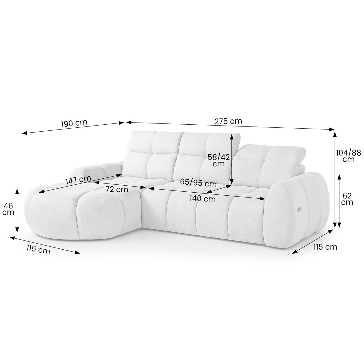 ECKSOFA Sorel Mini mit Automatisch verstellbarer Sitztiefe und Kopfstützen, links, Hellbeige - Beige, Textil (190/275cm) - Beautysofa