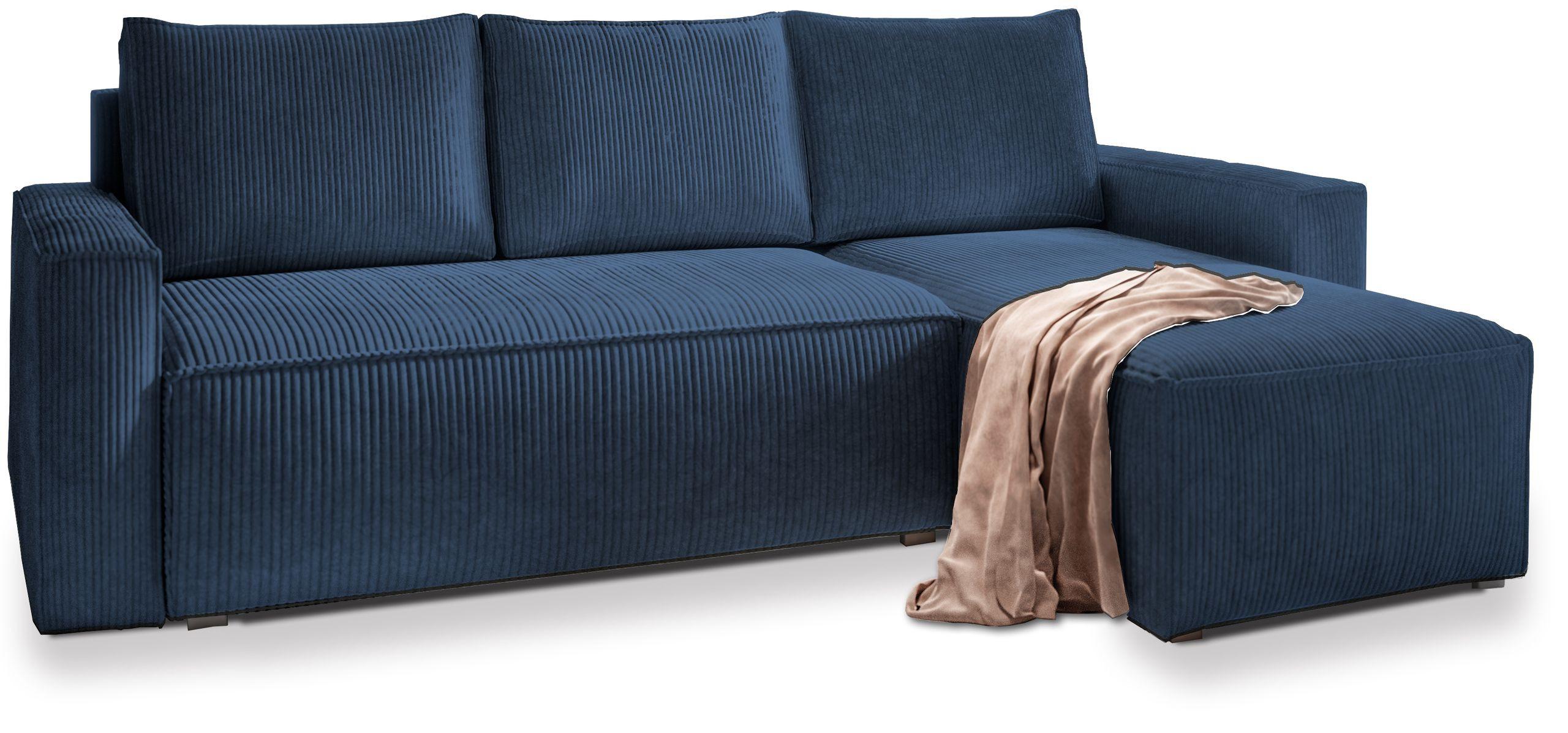 ECKSOFA POTARO Blau Kordstoff mit Schlaffunktion - Blau/Grau, Holz/Kunststoff (232/140cm) - MASSENO