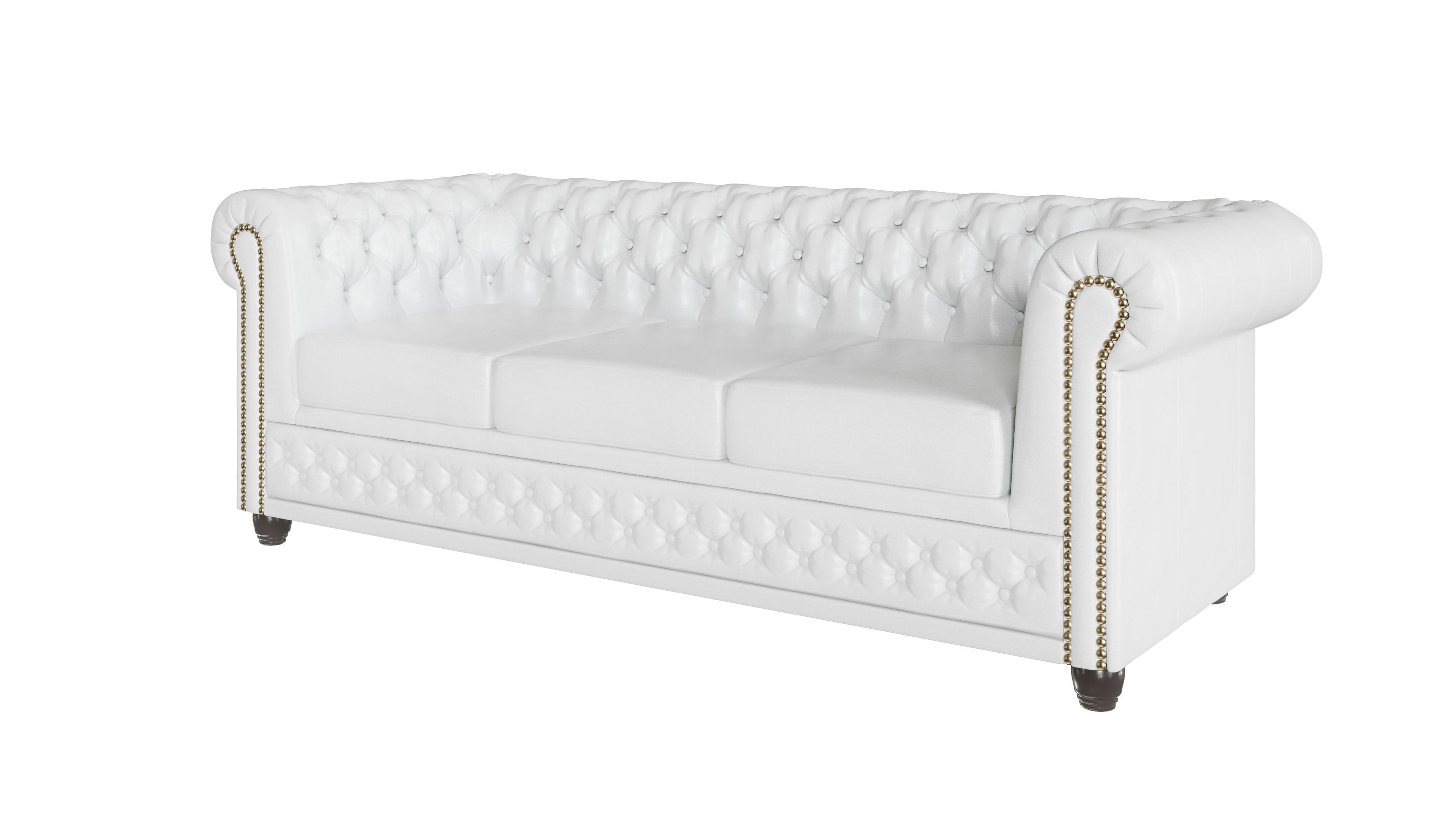 CHESTERFIELD-SOFA 3-sitzer mit Schlaffunktion Morin Weiß vegan Leder - Weiß/Braun, Holz/Textil (203/72/86cm) - S-Style Möbel