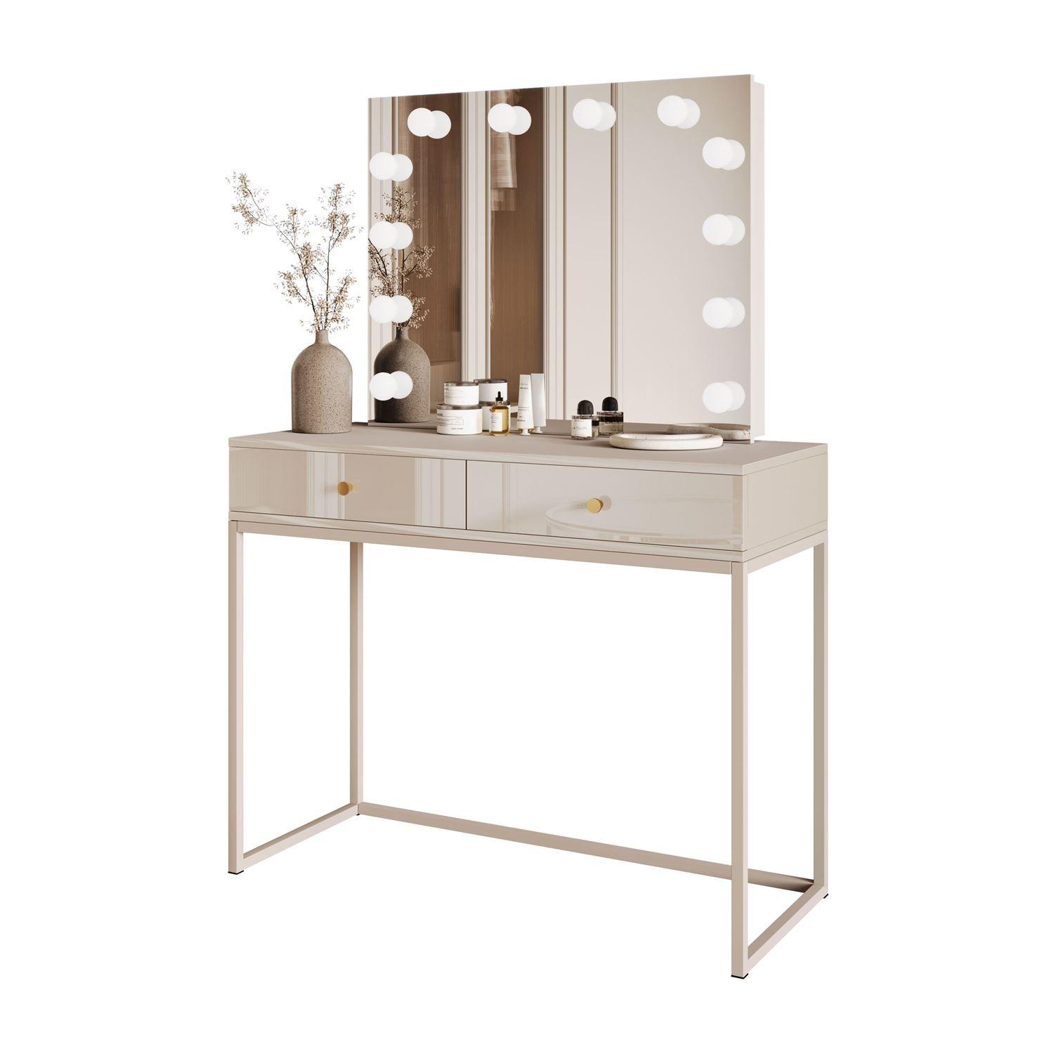 SCHMINKTISCH Blanco Kaschmir Elite mit Beleuchtung goldener Griff - Kaschmir, Holzwerkstoff (100/81/42cm) - Lookway