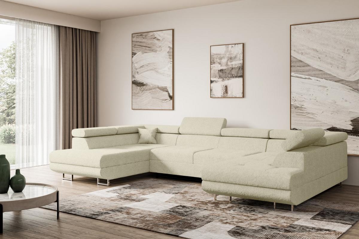 WOHNLANDSCHAFT mit Schlaffunktion und Bettkasten GUSA-U 342x202x107 cm Beige Bouclé - Beige/Silberfarben, Holzwerkstoff/Textil (342/107/202cm) - ALTDECOR