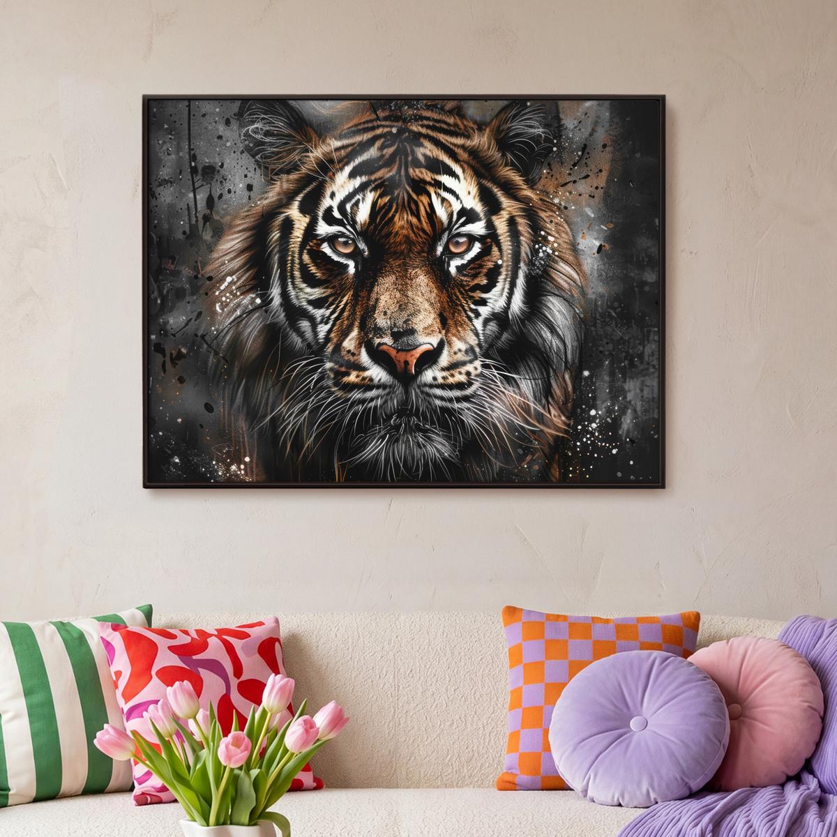 LEINWAND Bilder mit Rahmen - Tiger - Tiere - Porträt - Luxus - Schwarz - 100x70 - Braun, Textil (100/70cm) - MuchoWow