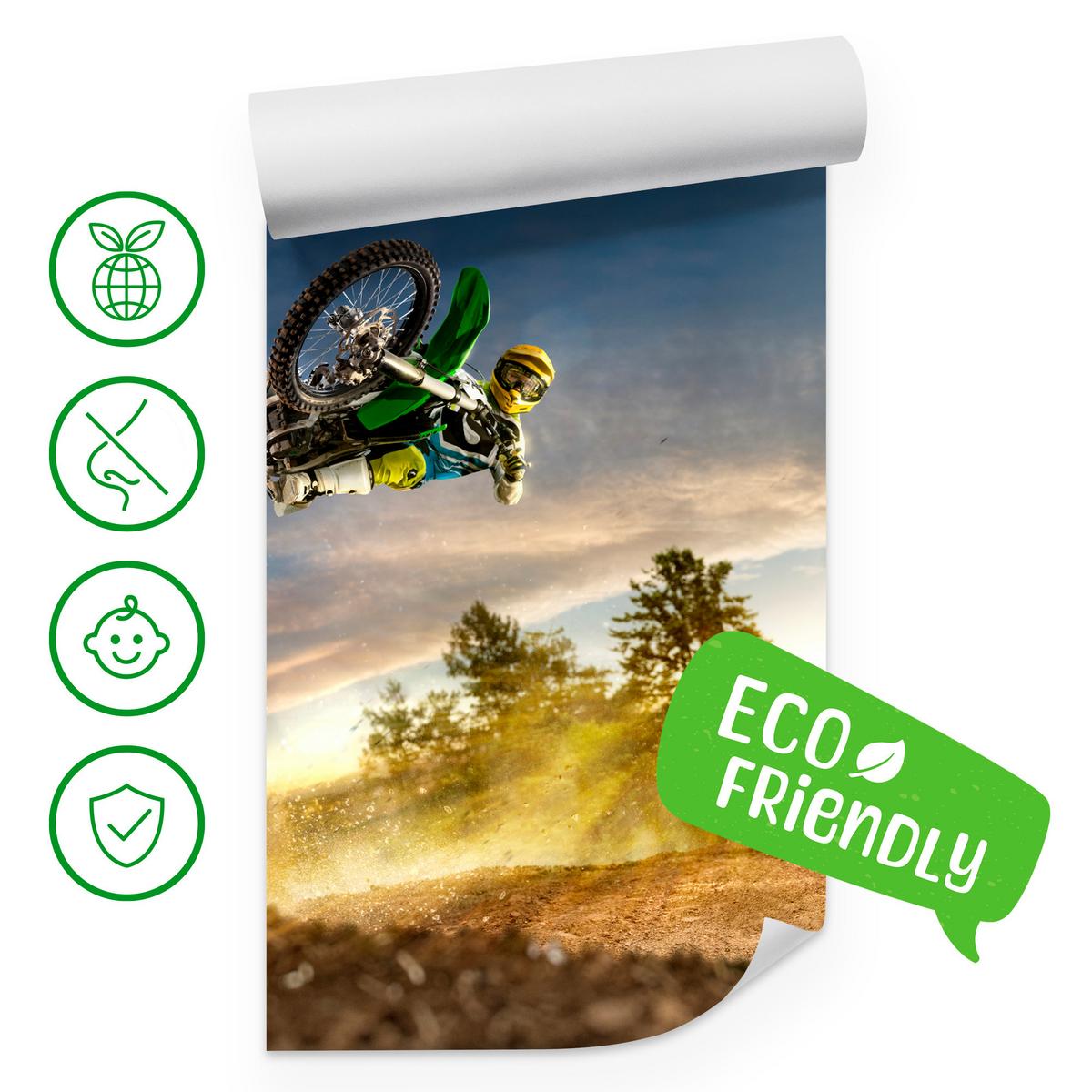 FOTOTAPETE für Jugendzimmer Motocross Sprung Berge Bäume 100x70 - Gelb/Beige, Papier (100/70cm) - Muralo