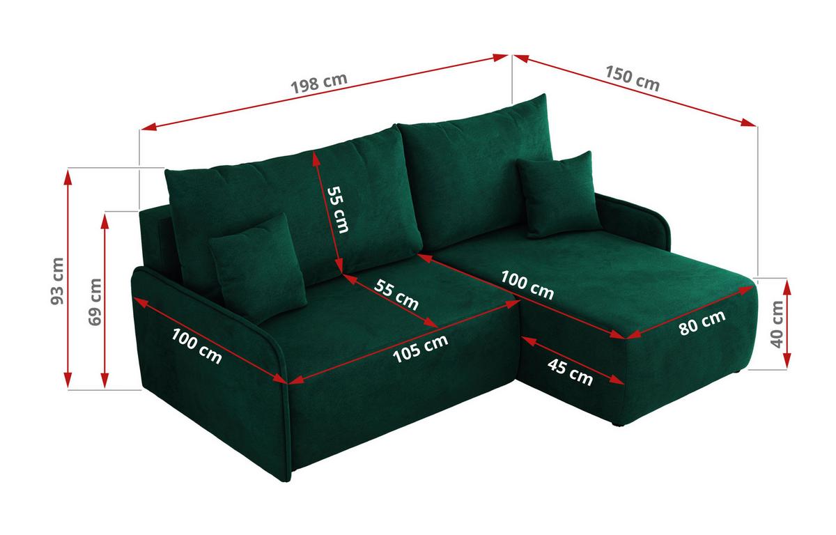 ECKSCHLAFSOFA ARPA L Dunkelgrün Velvet - links - Dunkelgrün/Schwarz, Kunststoff/Textil (198/150cm) - MKS