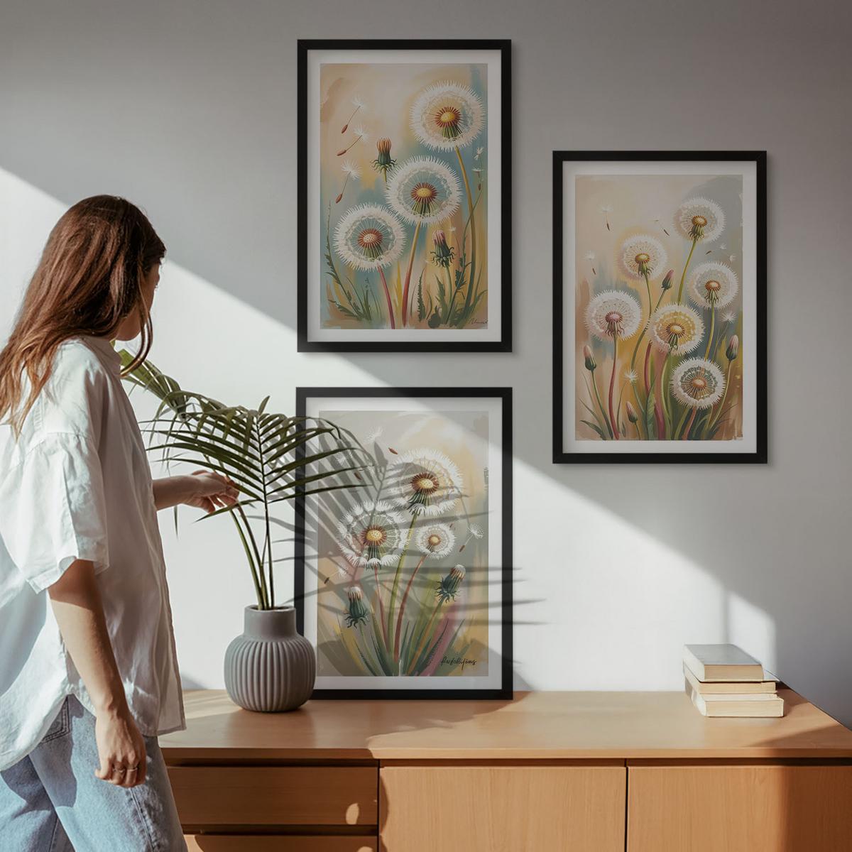 BILDER SET 3er Set - 40x60 cm Schwarzer Rahmen - Löwenzahnblüten, pastellfarbene Gräser - Schwarz, Kunststoff (40/60cm) - TULUP