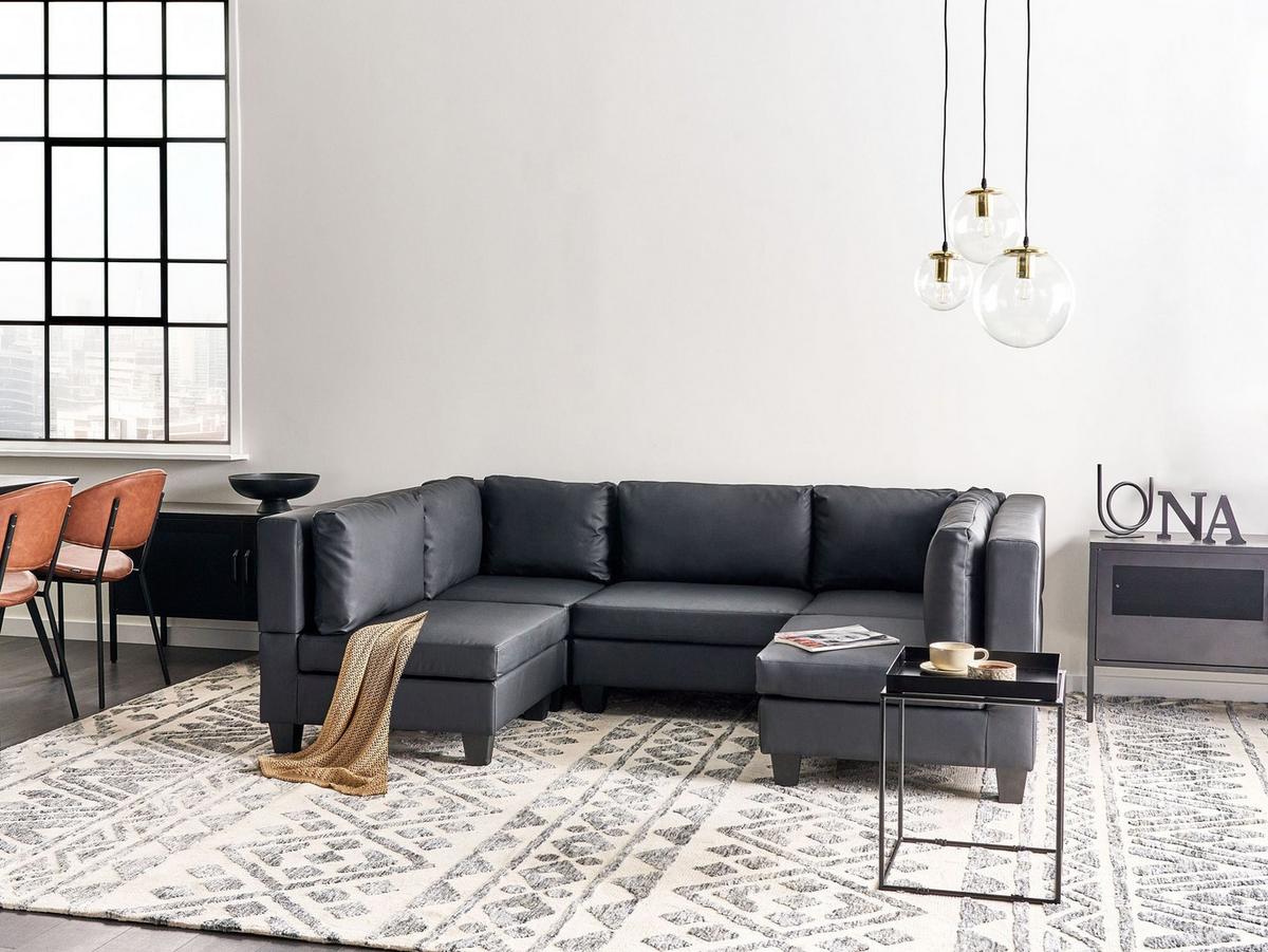 5-SITZER-MODULSOFA U-förmiges Schwarz Kunstleder Unstad - Schwarz, Kunststoff (228/72/76cm) - Beliani