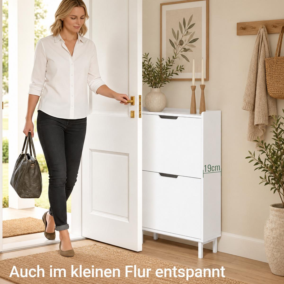 SCHUHSCHRANK Weiß, nur 19 cm tief, ca. 0,1 m² Stellfläche, 2 Klappen für je 2 Paar, bis 28,5 cm Schuhlänge, erweiterbar zur Schuhwand - Weiß, Holzwerkstoff/Metall (50/91/19cm) - SoBuy