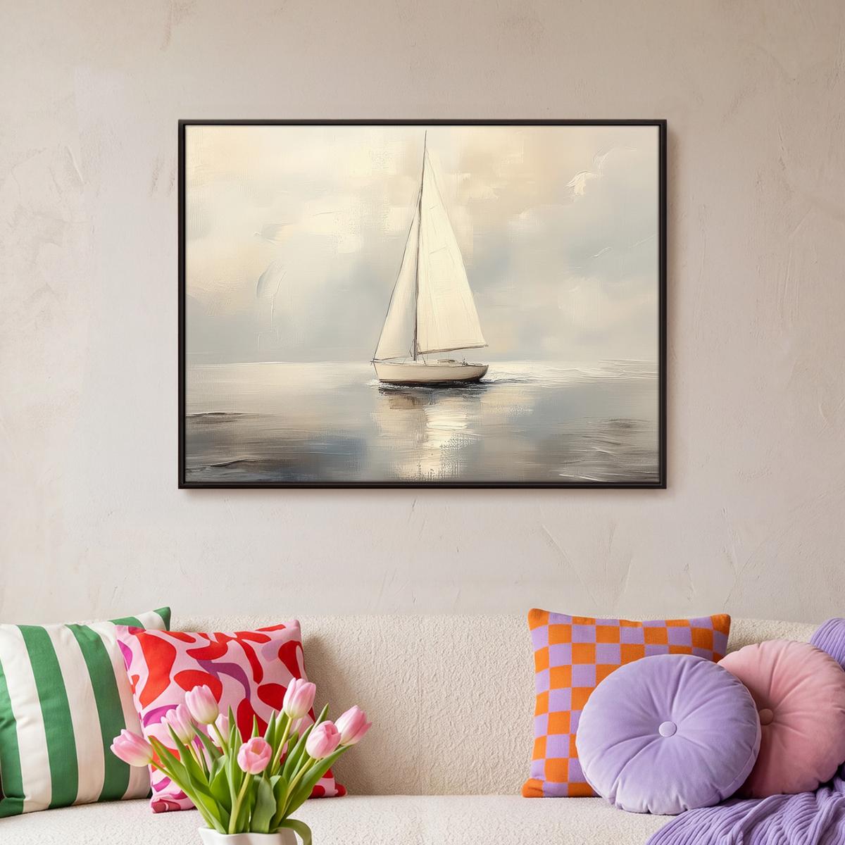 LEINWAND Bilder mit Rahmen - Segelschiff - Meer - Bewölkt - 70x50 - Creme, Textil (70/50cm) - MuchoWow