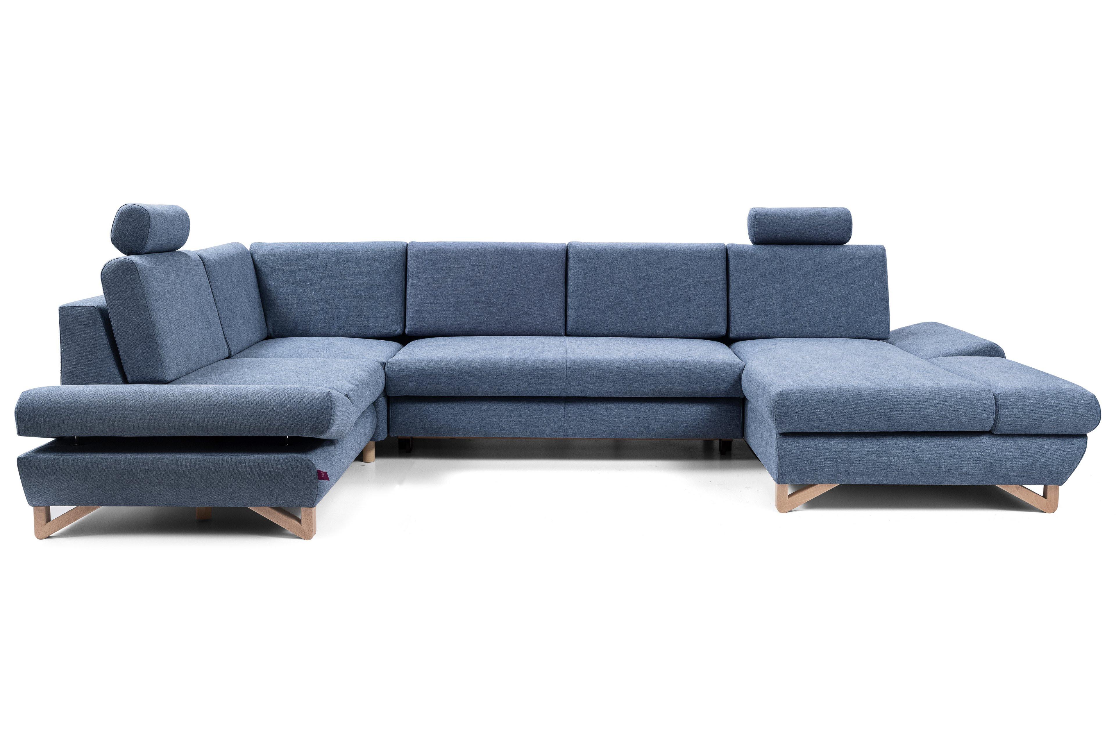 WOHNLANDSCHAFT CASA IV L-S Blau Plüsch-Stoff mit Schlaffunktion - Blau, Holz (344/100/199cm) - MASSENO