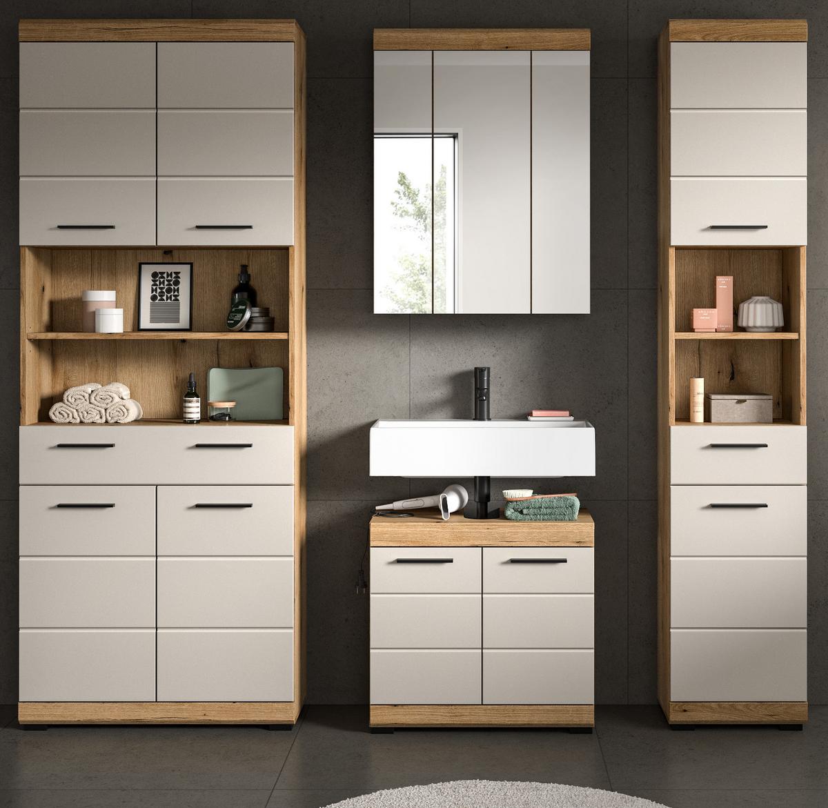 BADMÖBEL-SET 4-teilig Sand Kashmir, Evoke Eiche, Badkombination 200 x 191 cm - Kaschmir/Eichefarben, Glas/Holzwerkstoff (201/191/34cm) - Inn.Furn