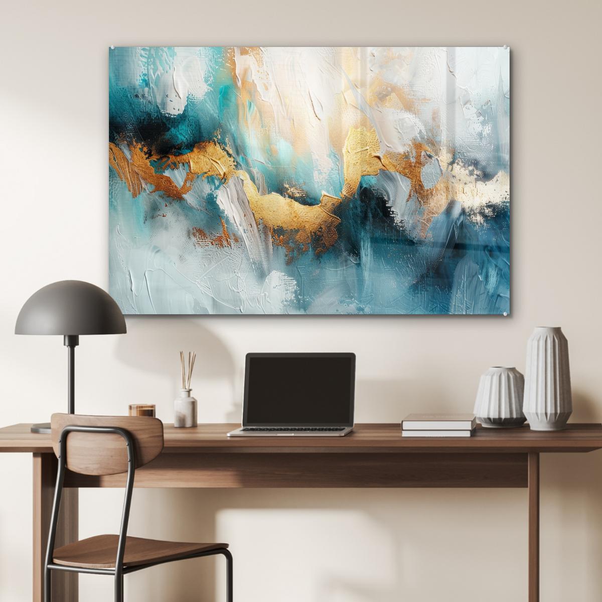 ACRYLGLASBILD Abstrakt - Kunst - Gold - Blau Wandbild Schlafzimmer 120x80 cm - Petrol, Glas (120/80cm) - MuchoWow
