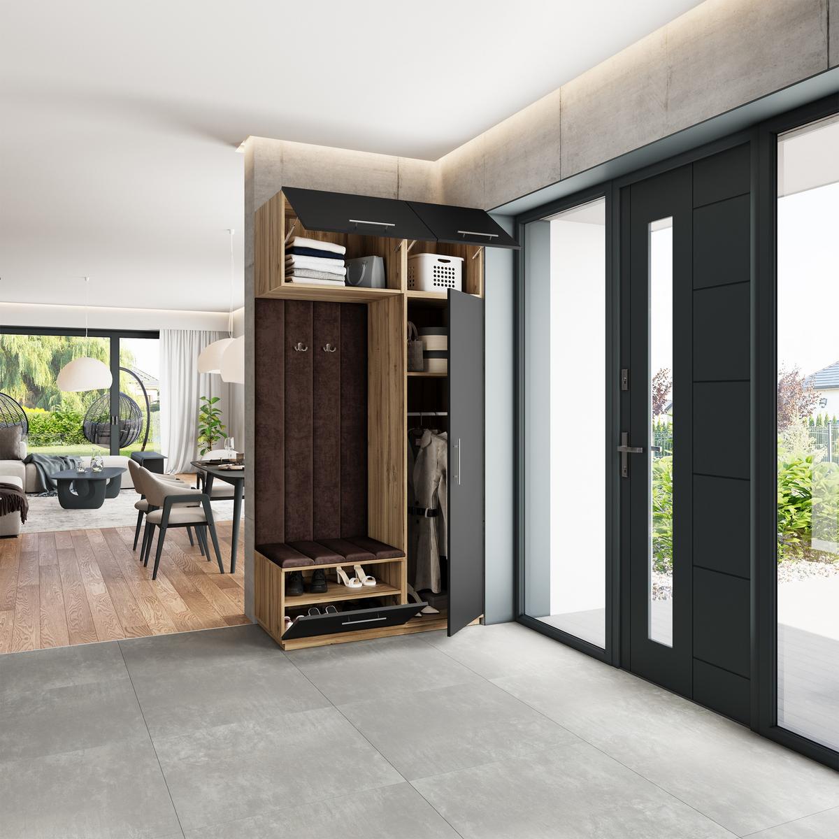 GARDEROBENSCHRANK REMA 120/240/60 cm Modern Garderobe-Set Eiche Wotan - Eiche Wotan/Schwarz, Holzwerkstoff (120/240/60cm) - MASSENO