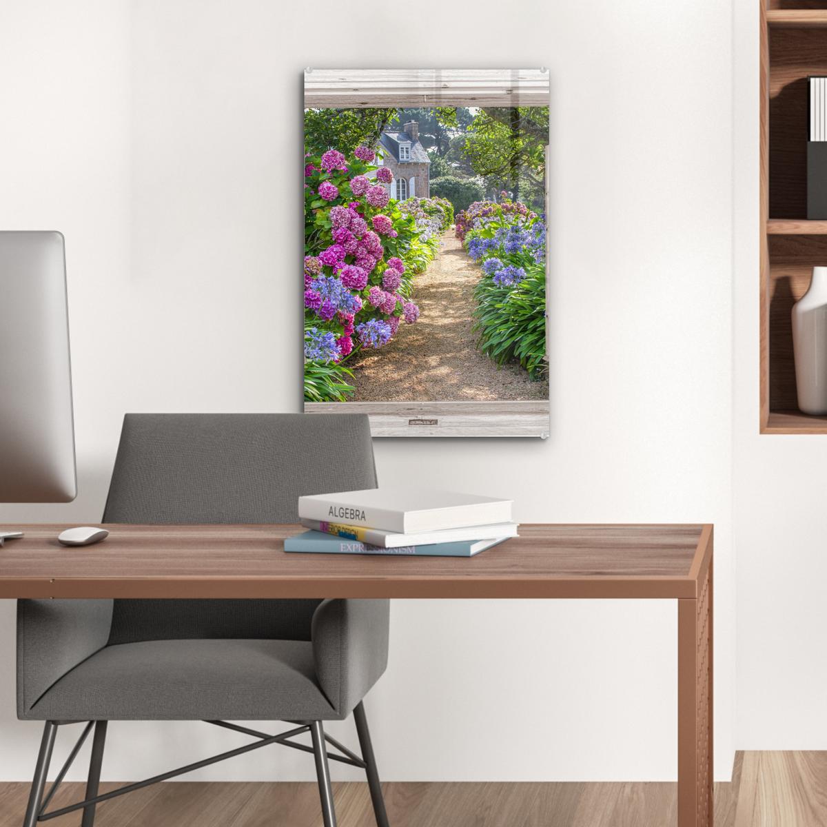 ACRYLGLASBILD Hortensie - Durchsichtig - Blumen - Sommer - Lila - Weg Wanddeko Wohnzimmer 40x60 cm - Lila, Glas (40/60cm) - MuchoWow