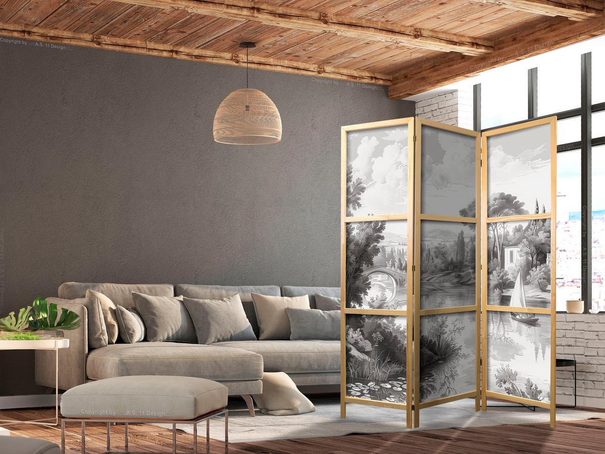 PARAVENT Japanischer 3-tlg 135x172 cm Schwarz-Wei e Landschaft - Grau, Holz/Textil (135/172/3cm) - Muralo