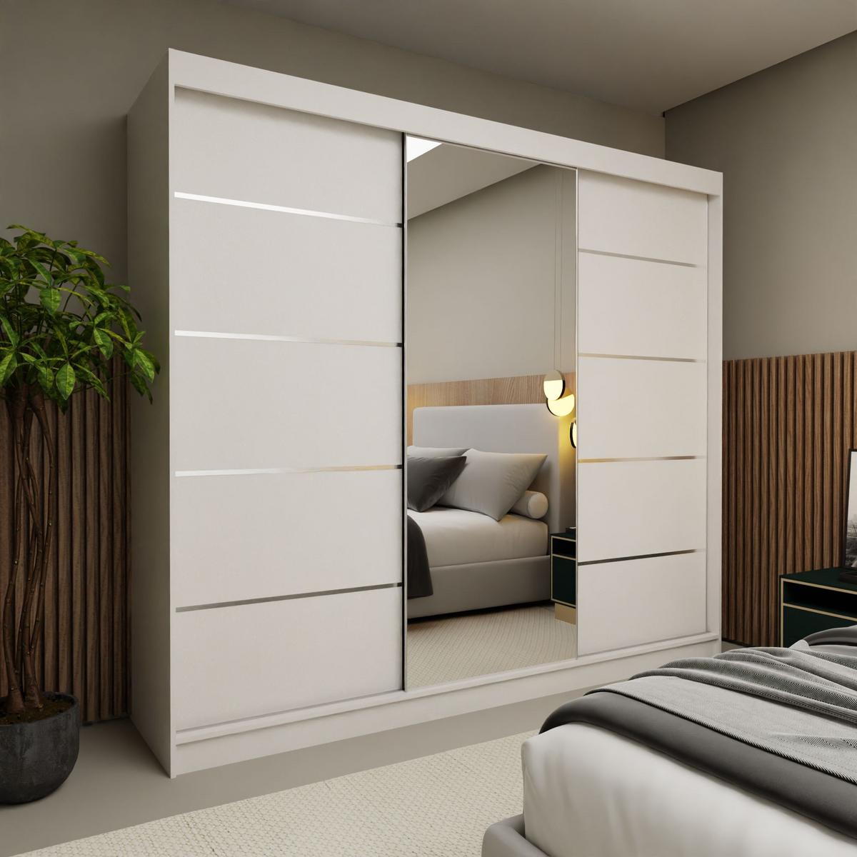 SCHWEBETÜRENSCHRANK MIRELLA 240/216/61 cm 3-türig mit Spiegel Weiß - Weiß, Holzwerkstoff (240/216/61cm) - MASSENO
