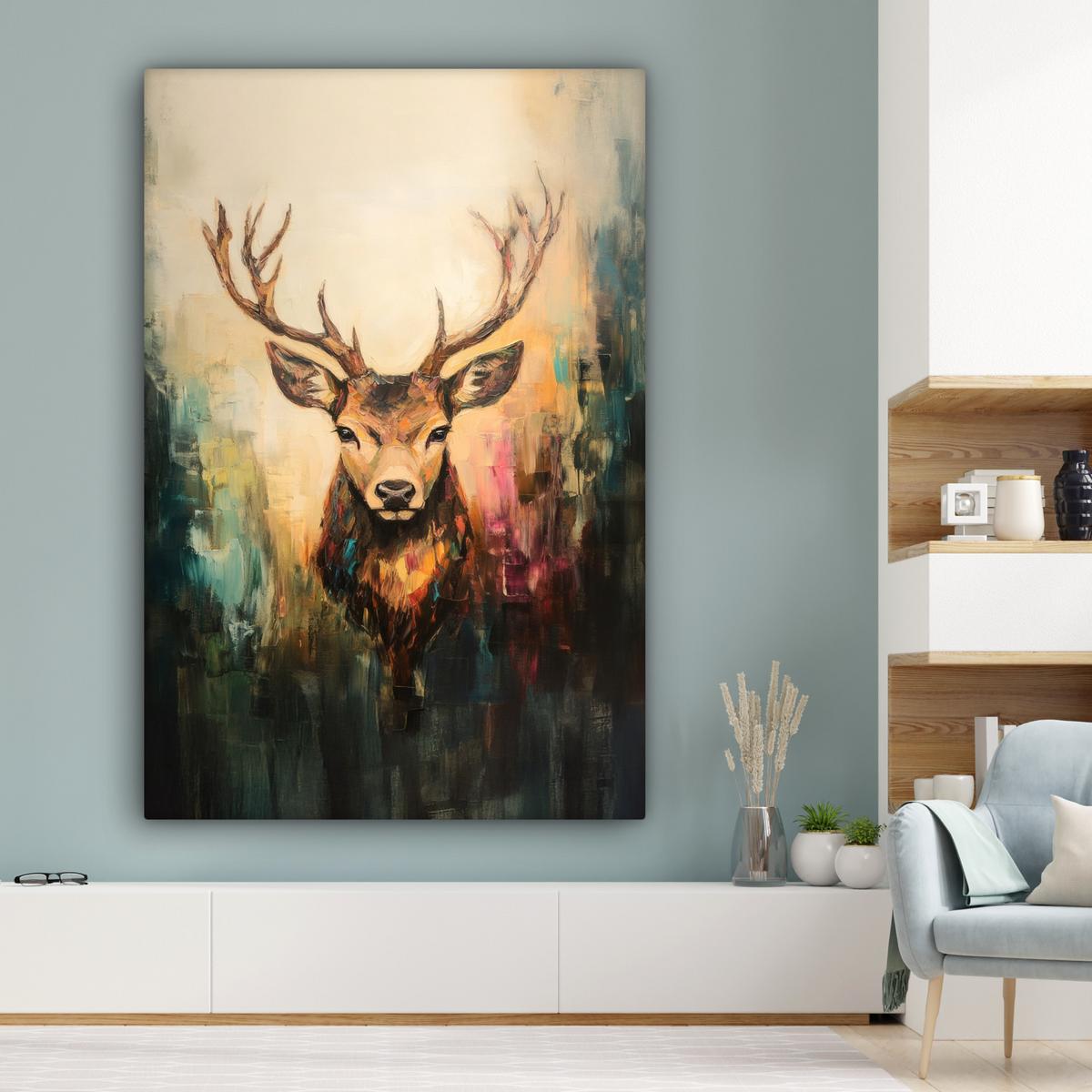 LEINWANDBILD Hirsch - Gemalt - Geweih - Braun Deko Groß 90x140 cm - Haselnussfarben, Textil (90/140cm) - MuchoWow