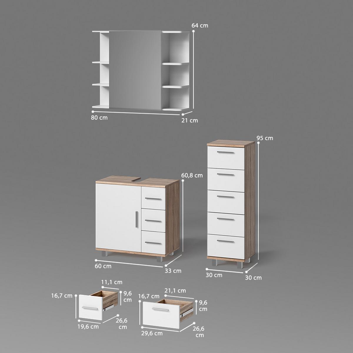 BADMÖBEL-SET Eisak Sonoma 3 Teile, mit Midischrank - Sonoma Eiche, Holzwerkstoff (60/60/33cm) - Livinity®