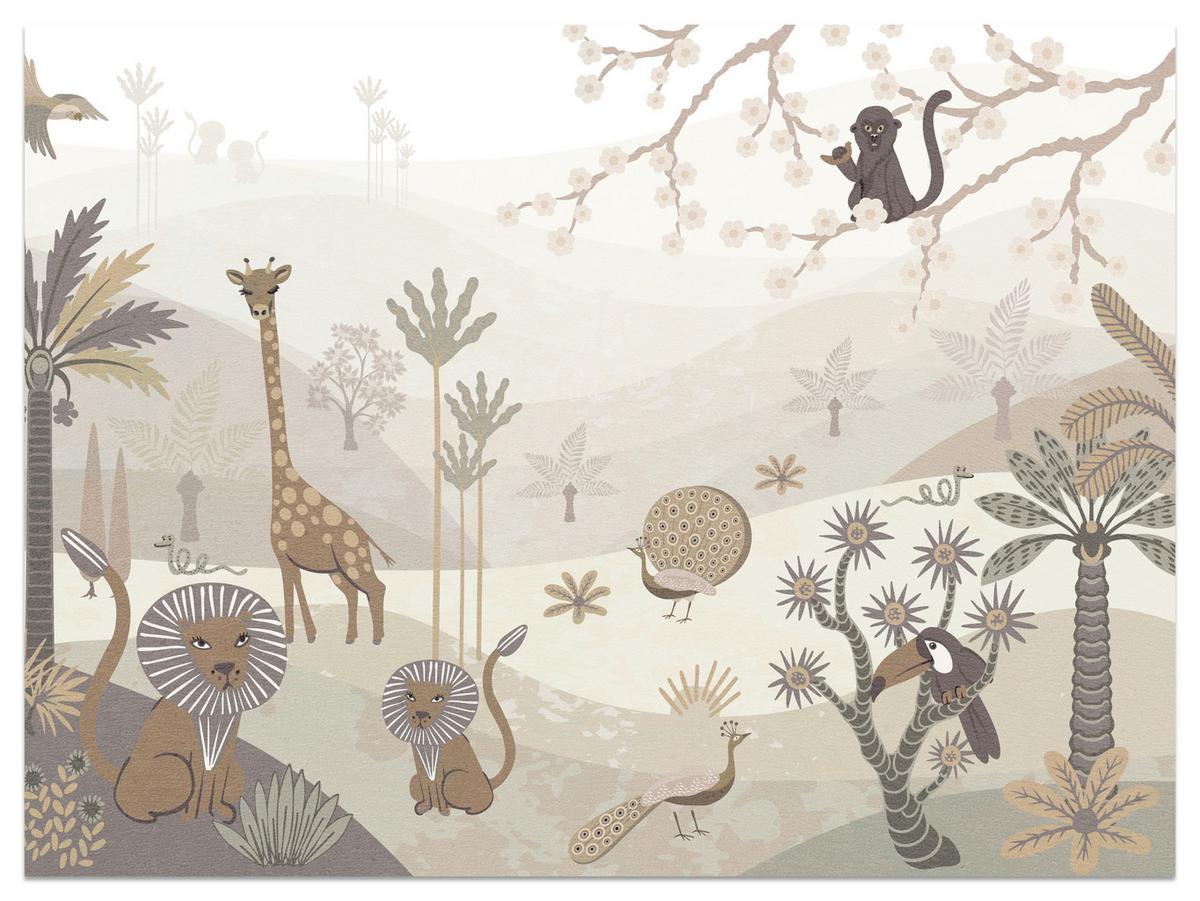FOTOTAPETE für Kinderzimmer Safari Wilde Tiere Dschungel Boho Palmen Giraffe 400x280 - Beige/Creme, Papier (400/280cm) - Muralo