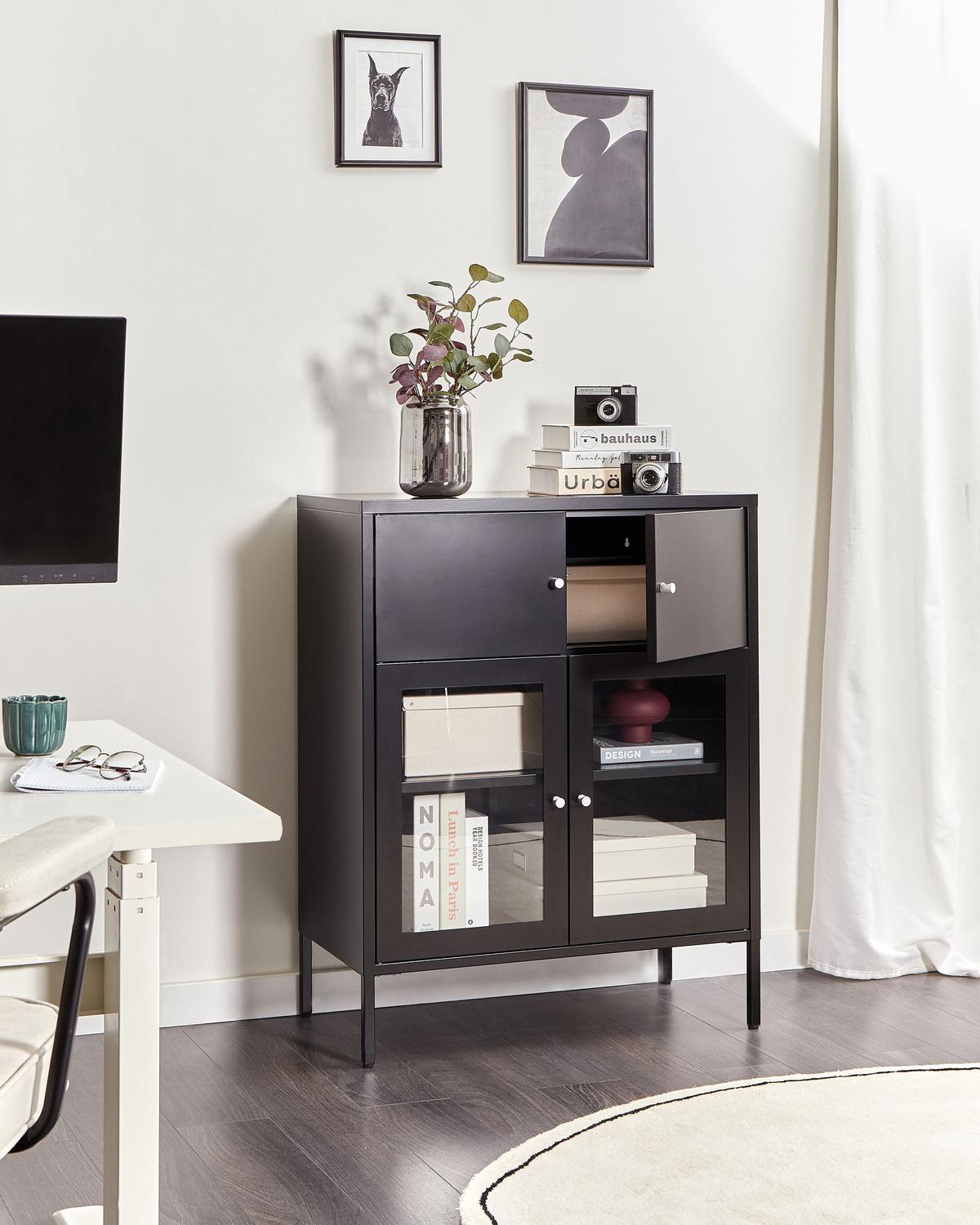 SIDEBOARD mit Glastüren Metall 80 cm Schwarz Esholt - Schwarz, Metall (80/102/40cm) - Beliani