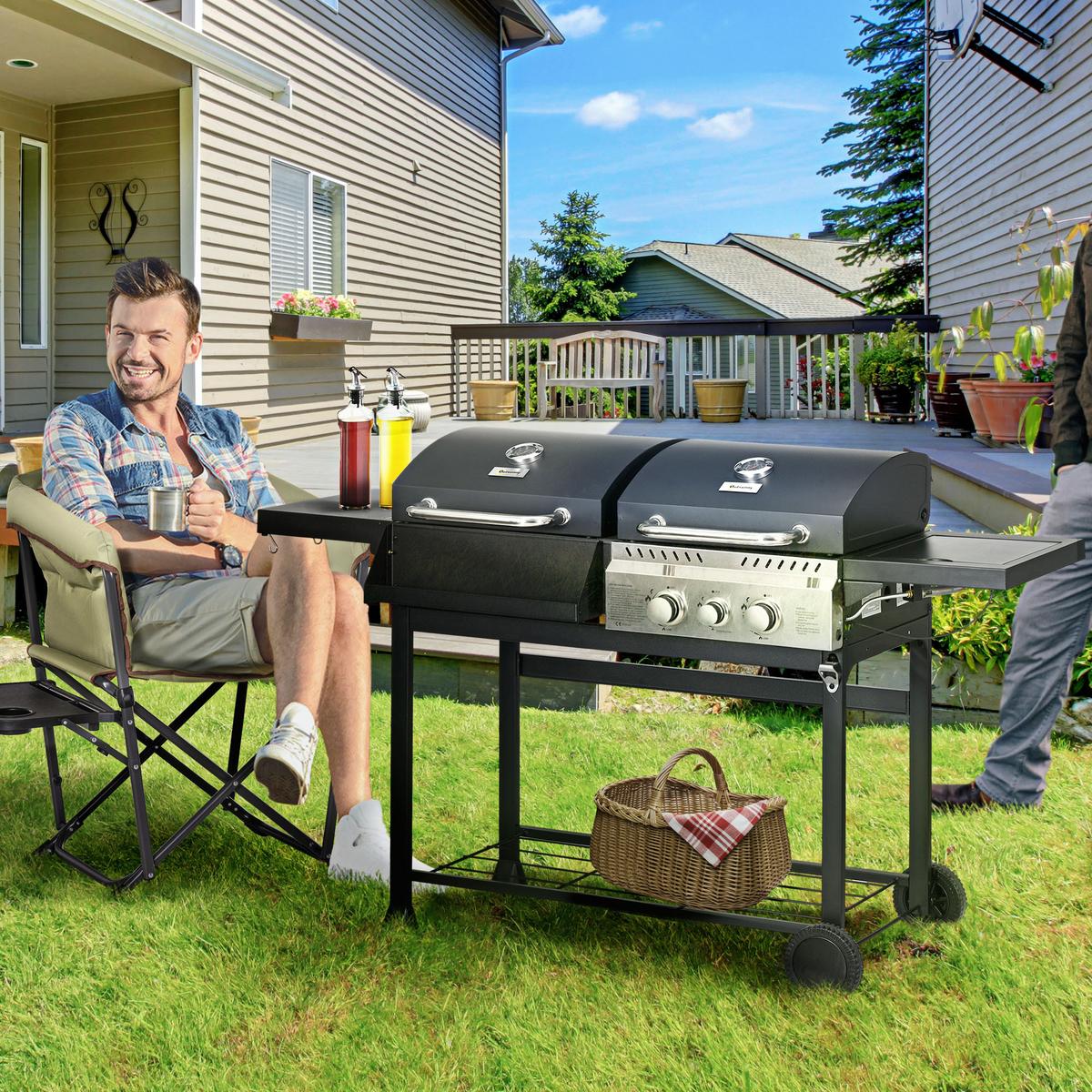 GASGRILL mit 2+1 Brenner, Thermometer, 3kW BBQ Holzkohlgrill mit Regal - Schwarz, Metall (54/103/161cm) - Outsunny