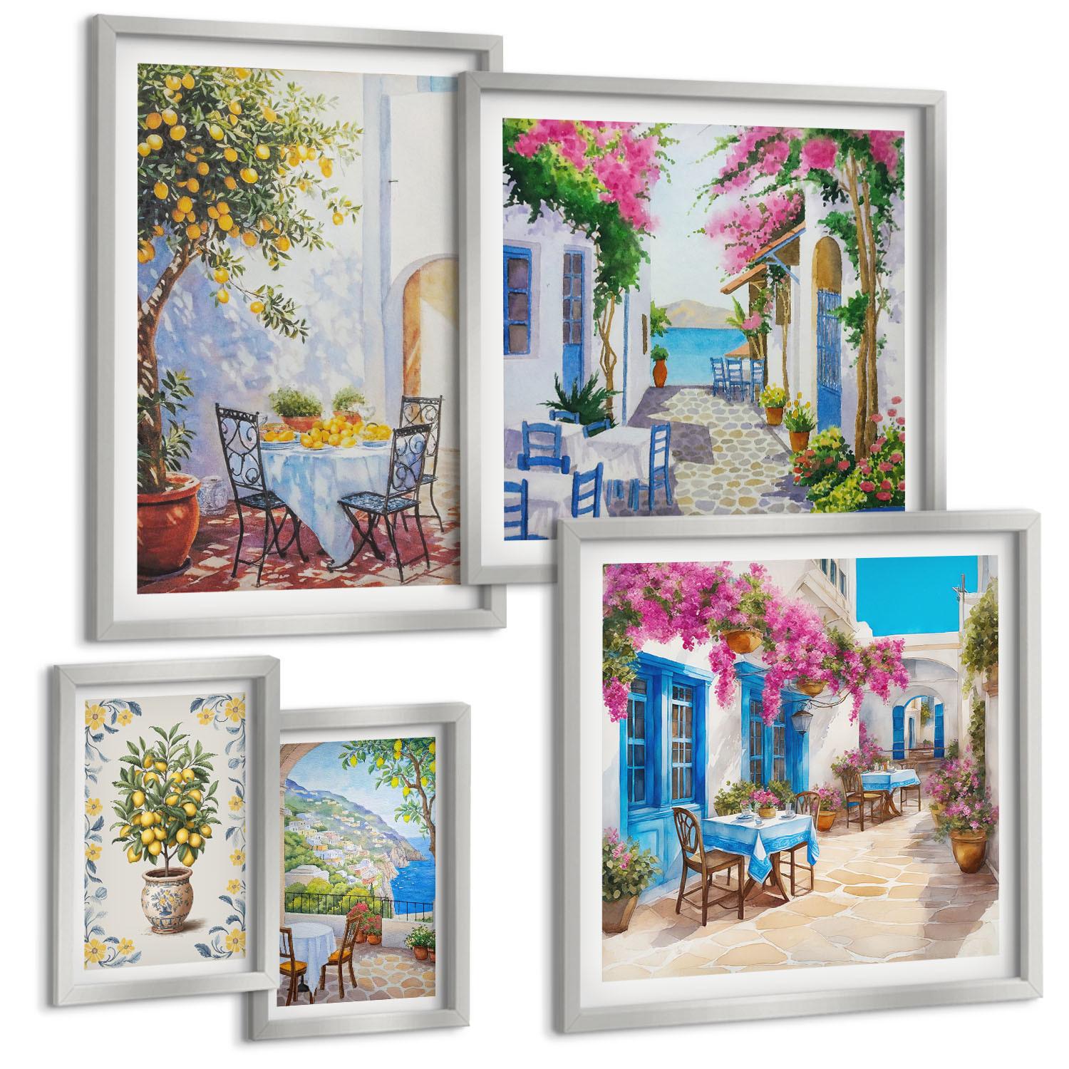 BILDER SET 5er Set - 50x50 cm & 20x30 cm & 40x60 cm Silberner Rahmen - Berglandschaften mit einem Fluss - Silberfarben, Kunststoff (40/60cm) - TULUP