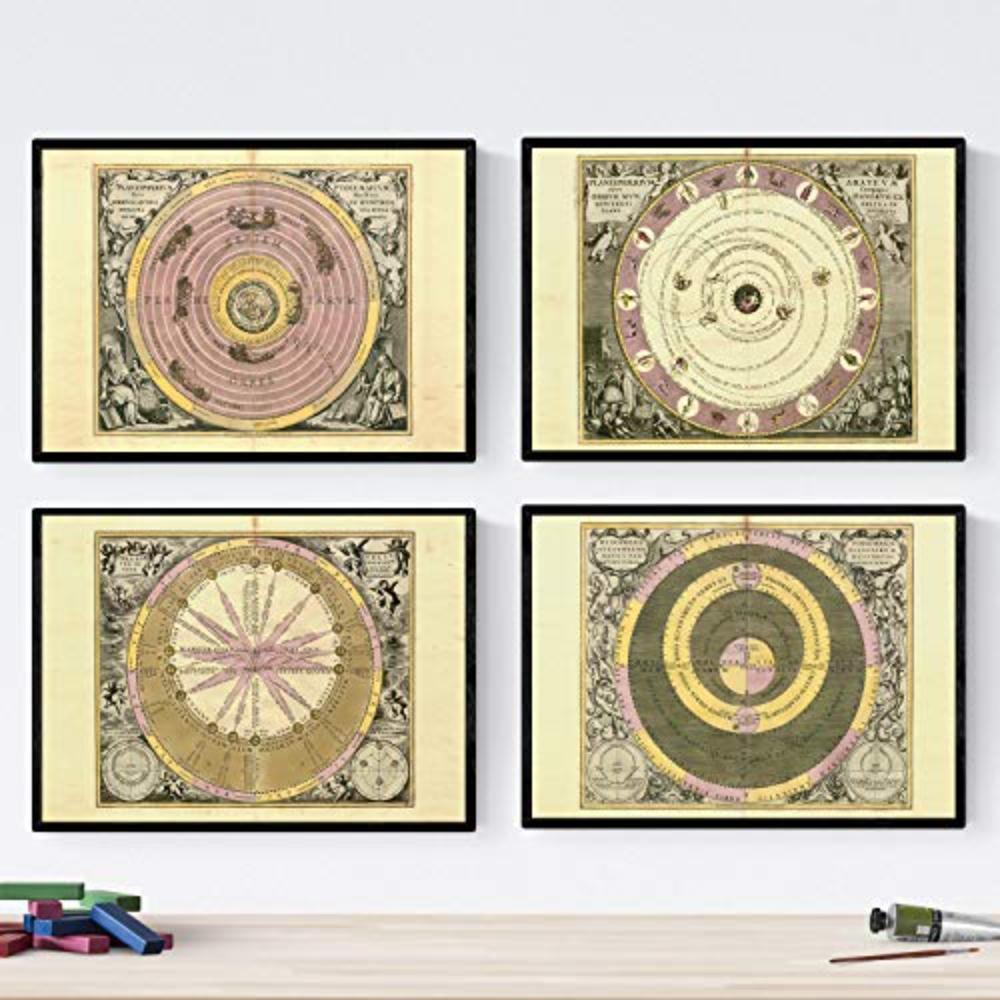 POSTER Set mit 4 alten astronomischen Karten A3 Schwarzer Rahmen - Schwarz, Papier (29.7/3cm) - Nacnic