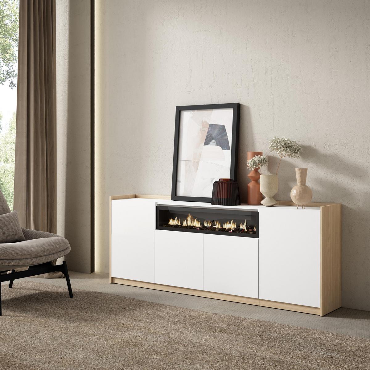 SIDEBOARD, Highboard, Weiß und Eiche Soft, Elektrokamin, 207/37/80cm - Weiß, Holzwerkstoff (207/80/37cm) - Skraut Home