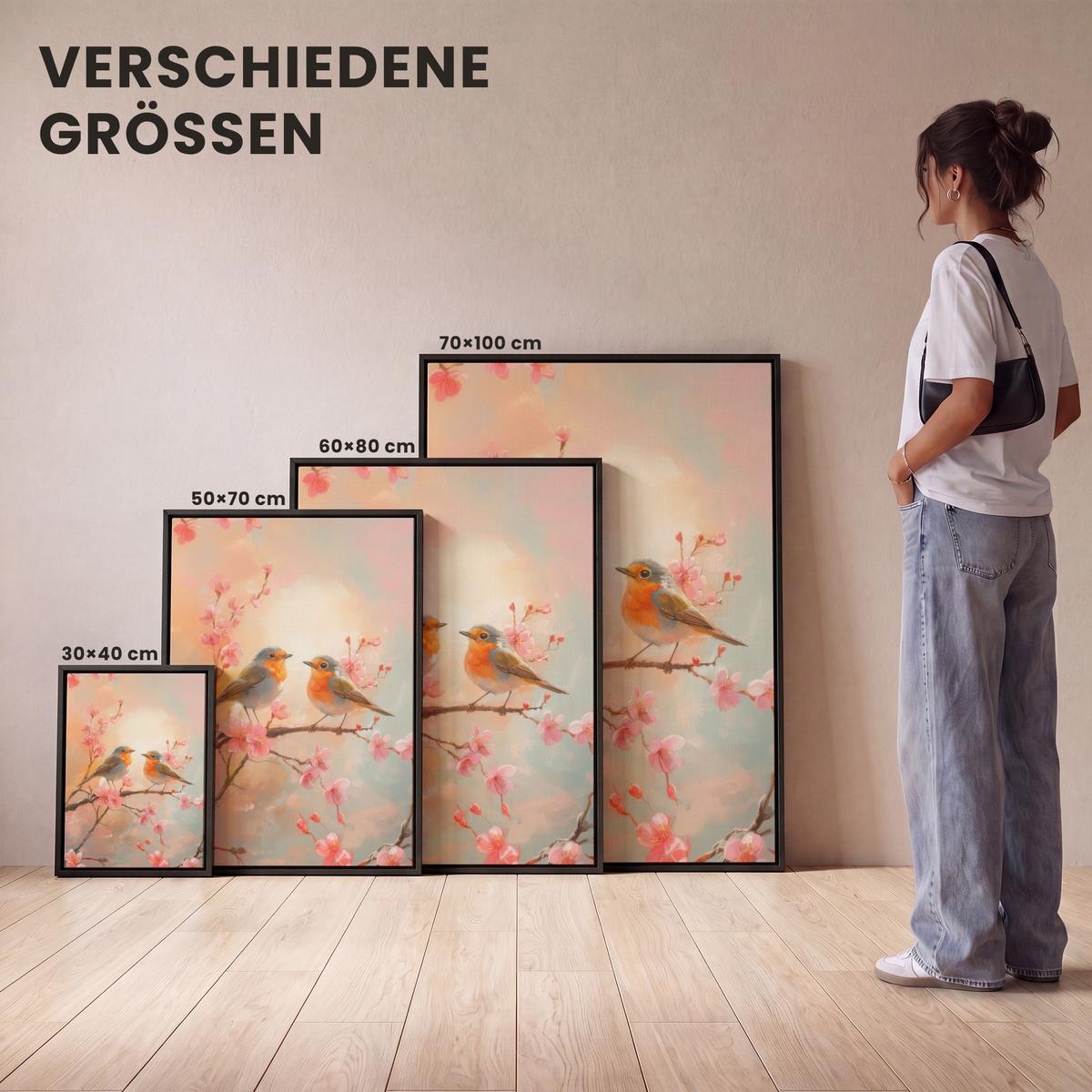 LEINWAND Bilder mit Rahmen - Rotkehlchen - Zierpflanze - Blütenzweig - 70x100 - Hellrosa, Textil (70/100cm) - MuchoWow