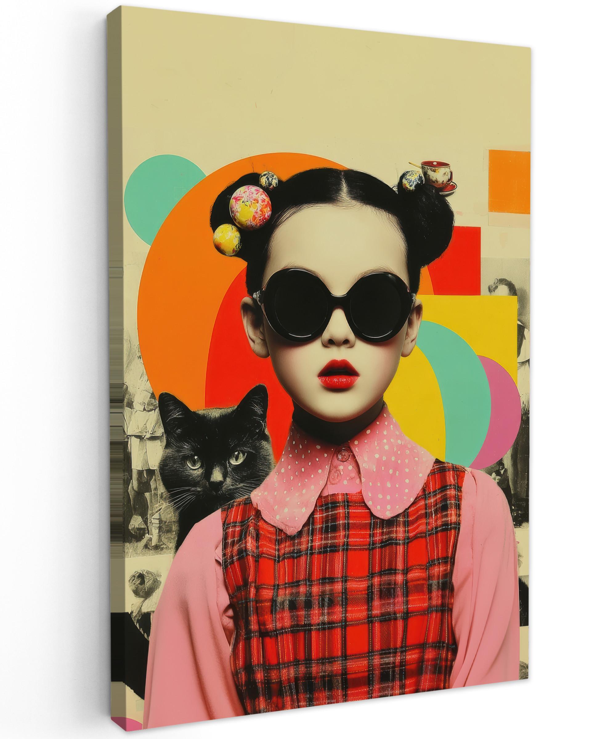 LEINWANDBILD Mädchen - Sonnenbrille - Katze - Retro Deko XXL 80x120 cm - Beige, Textil (80/120cm) - MuchoWow