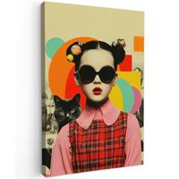 LEINWANDBILD Mädchen - Sonnenbrille - Katze - Retro Deko XXL 80x120 cm - Beige, Textil (80/120cm) - MuchoWow