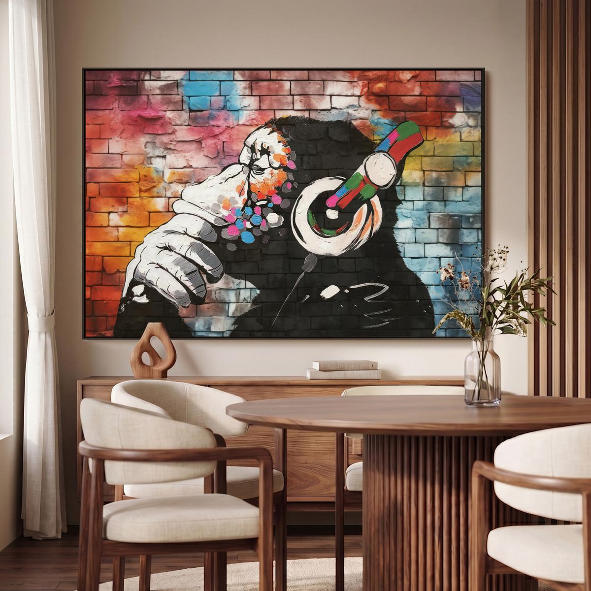 LEINWAND Bilder mit Rahmen - Affe - Graffiti - Musik - 150x100 - Multicolor, Textil (150/100cm) - MuchoWow