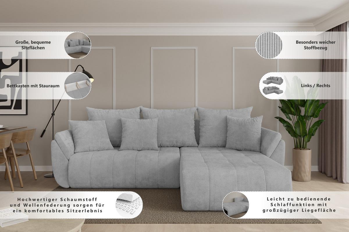 ECKSOFA mit Schlaffunktion Ottomane Links TOKO-L 277x194x86 Hellgrau Bouclé - Silberfarben/Hellgrau, Holzwerkstoff/Kunststoff (277/194cm) - ALTDECOR