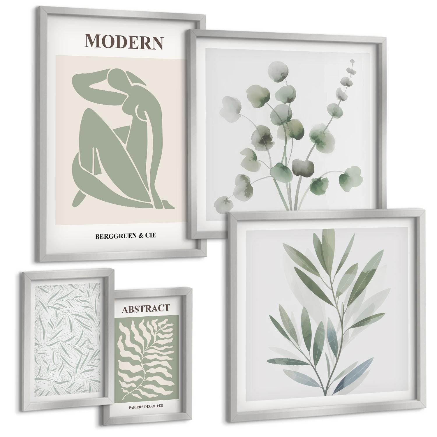 BILDER SET 5er Set - 50x50 cm & 20x30 cm & 40x60 cm Silberner Rahmen - Matisse entwirft Boho-Pflanzen - Silberfarben, Kunststoff (40/60cm) - TULUP