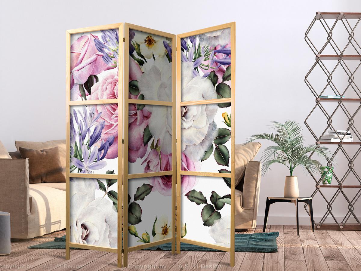 PARAVENT Japanischer 3-tlg 135x172 cm Aquarell Blumen - Multicolor, Holz/Textil (135/172/3cm) - Muralo