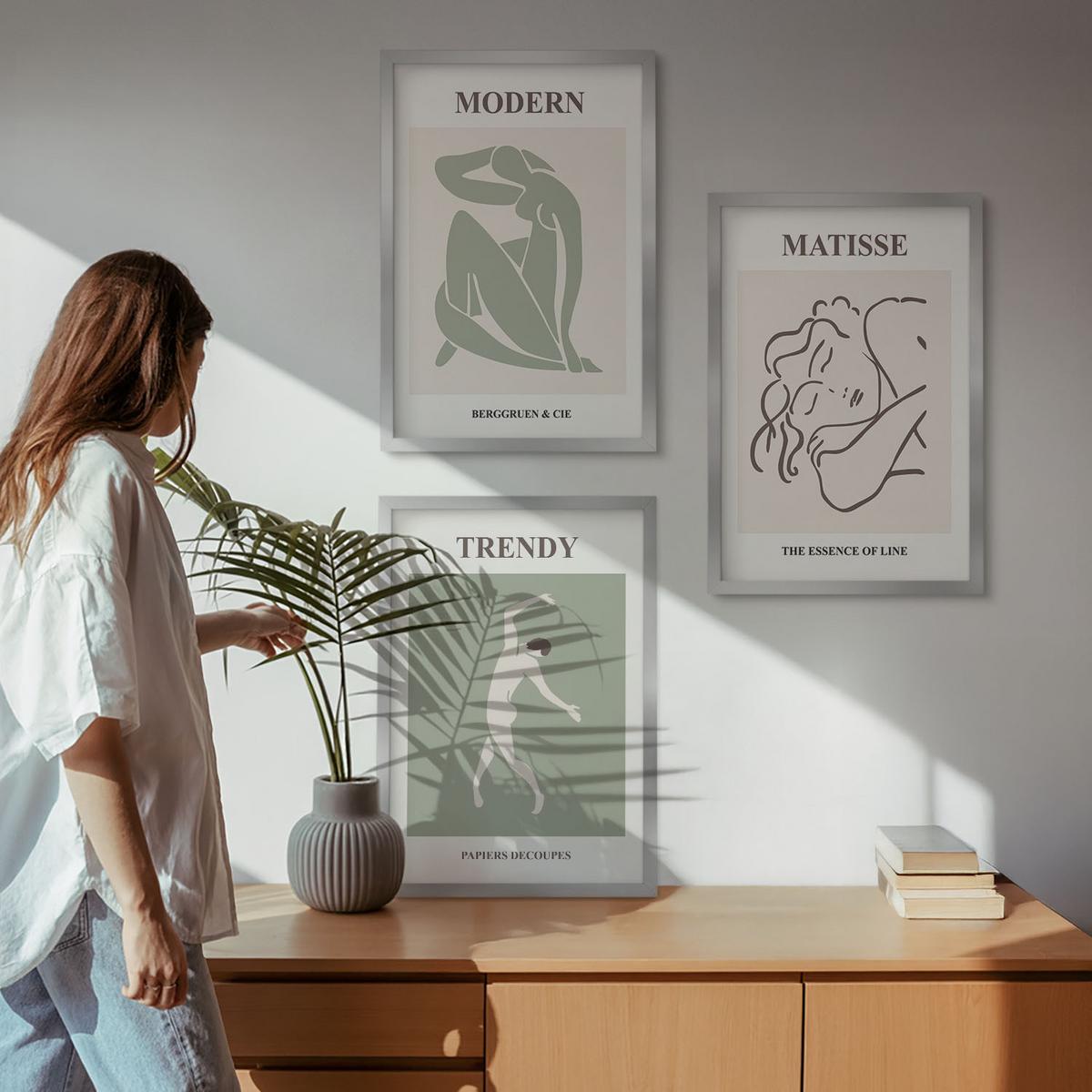 BILDER SET 3er Set - 40x60 cm Silberner Rahmen - Stilvolle minimalistische Charaktere - Silberfarben, Kunststoff (40/60cm) - TULUP