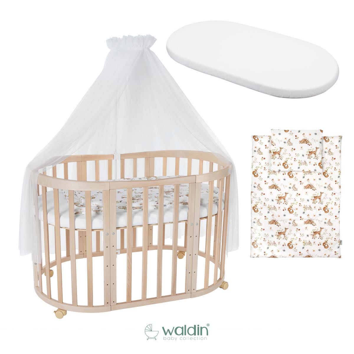 BABYBETT NATUR OVAL 7in1 mit Matratze und Himmelset - Multicolor/Naturfarben, Holz/Textil (73/125cm) - waldin