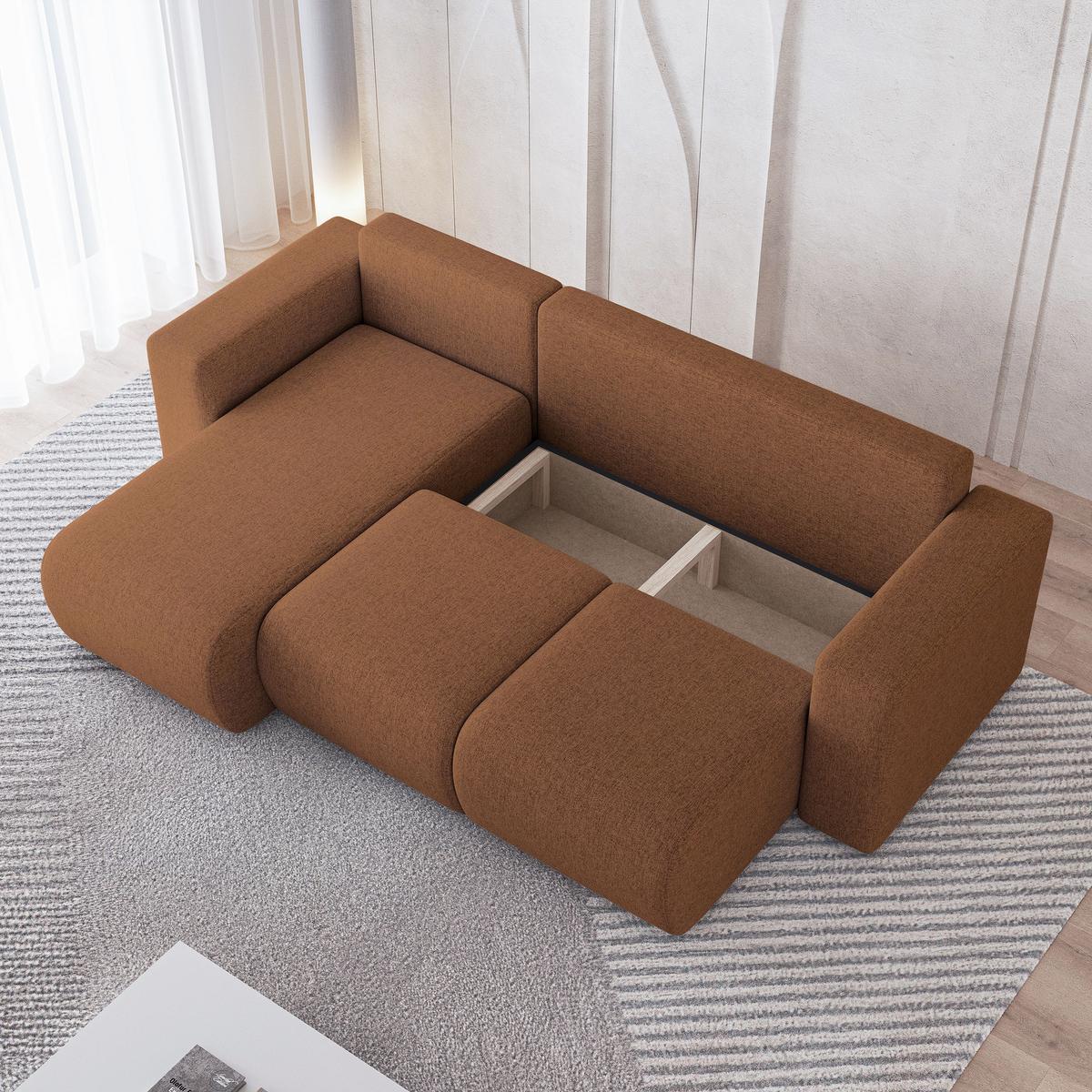 ECKSOFA RINOVA Kupferfarben Geflochtener Stoff mit Schlaffunktion - Kupferfarben, Holz (250/143cm) - MASSENO