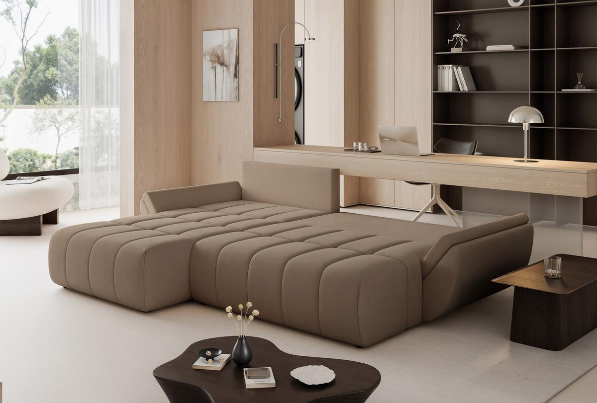 ECKSOFA ARO mit Schlaffunktion und Bettkasten Hellbraun - Hellbraun/Schwarz, Kunststoff/Textil (280/190cm) - Idohome