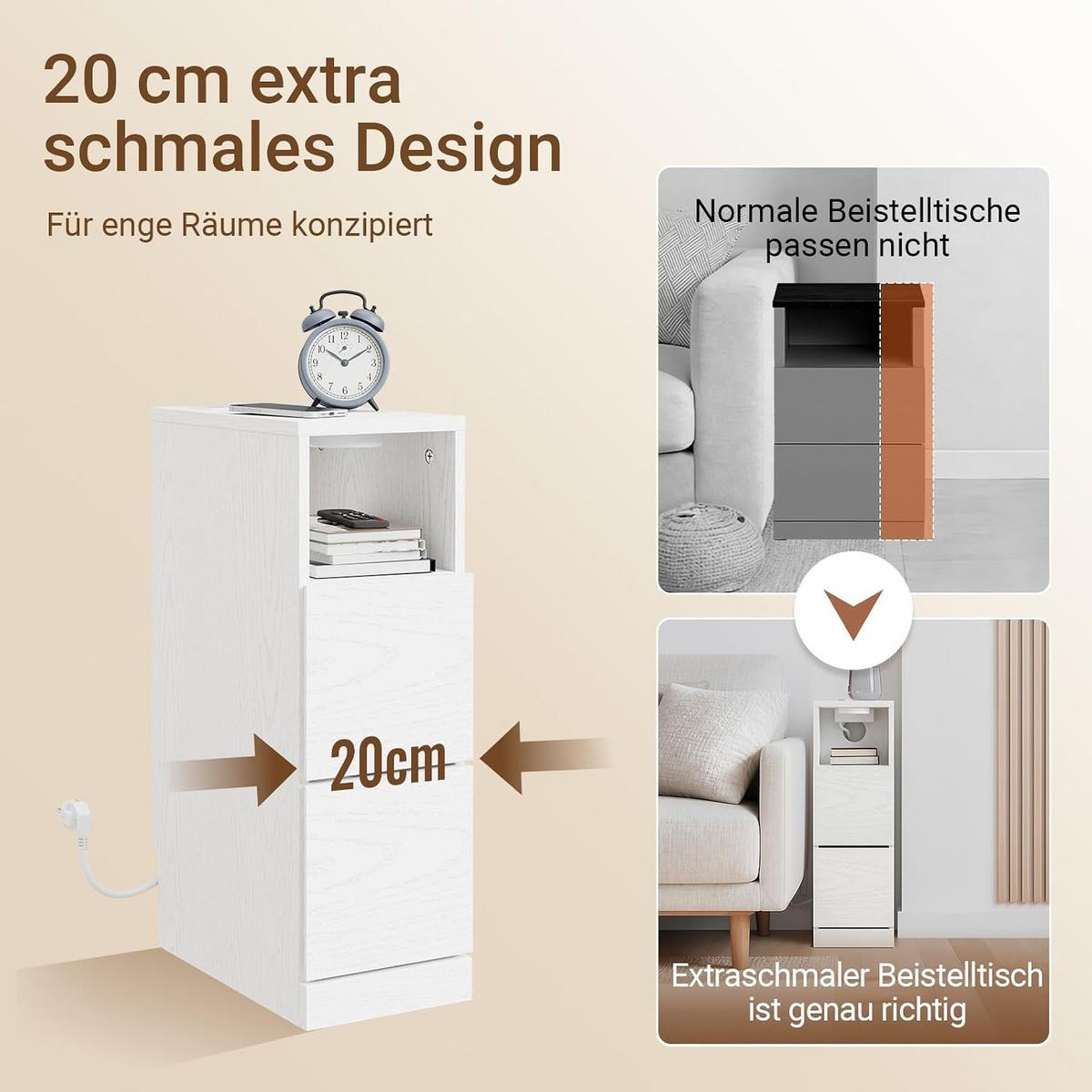 NACHTTISCH schmal mit Ladefunktion und LED-Sensorleuchte, 20x35x60cm - Weiß, Holzwerkstoff (35/60/20cm) - SoBuy