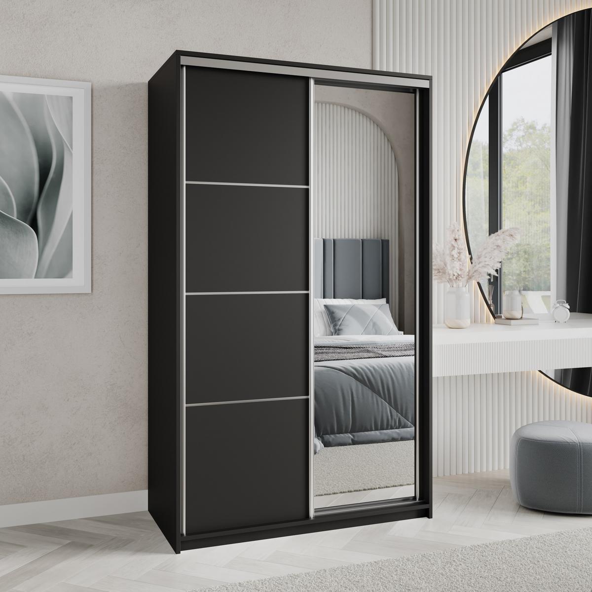 SCHWEBETÜRENSCHRANK VARO 120/205/60 cm 2-türig mit Spiegel Schwarz - Schwarz, Holzwerkstoff (120/205/60cm) - MASSENO