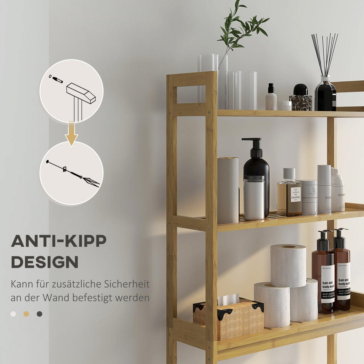 TOILETTENREGAL 3-stöckiges Badregal Standregal mit Kippschutz, Bambus, Natur - Naturfarben, Holz (20/165/68cm) - Kleankin