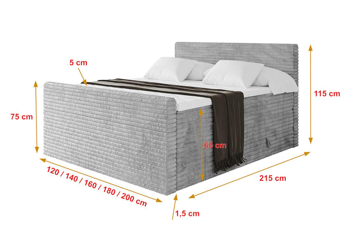 BOXSPRINGBETT mit Matratze H3|H4 und Lattenrost - TOLO-Z KING-v1 140x200 Cord - Hellgrau - Hellgrau, Holzwerkstoff (140/200cm)