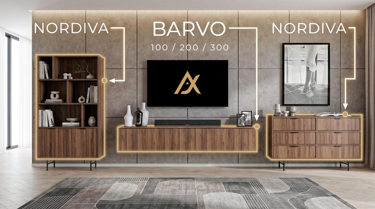 LOWBOARD Barvo 3x100 Nussbaum Warmia 300/36,5/32 cm – hängend oder stehend - Nussbaumfarben, Holzwerkstoff/Kunststoff (300/36.5/32cm) - AX Living