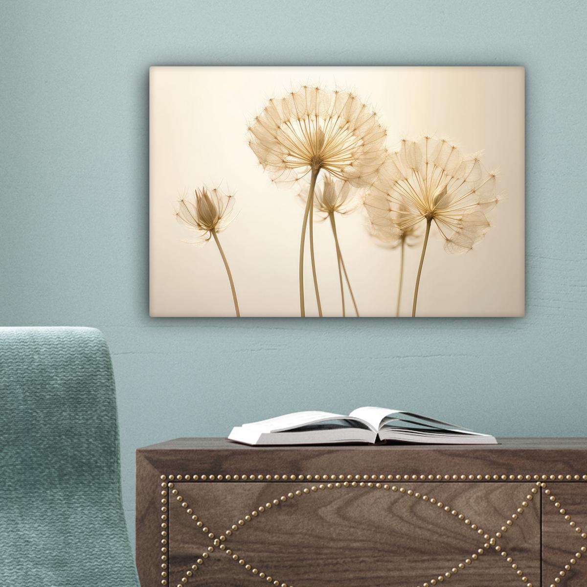LEINWANDBILD Sonnenlicht - Löwenzahn - Botanisch - Blumen Deko Schlafzimmer 30x20 cm - Creme, Textil (30/20cm) - MuchoWow