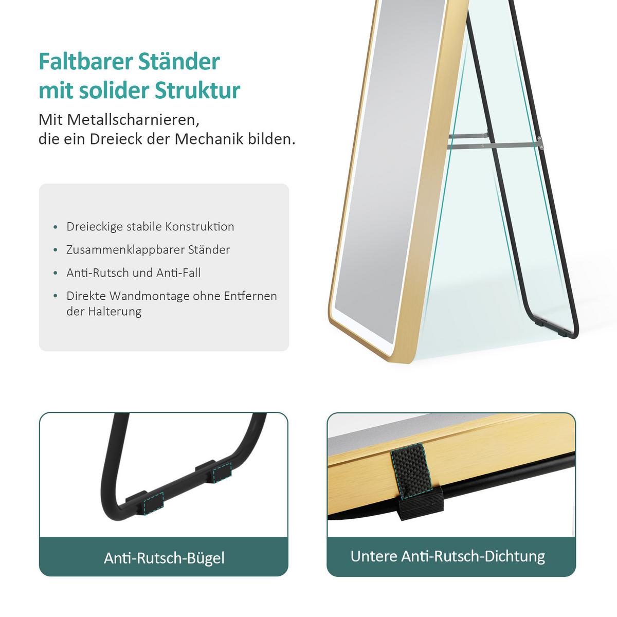 STANDSPIEGEL mit Beleuchtung und Rahmen Gold 147/45 cm - Goldfarben, Glas/Metall (45/147/147cm) - EMKE