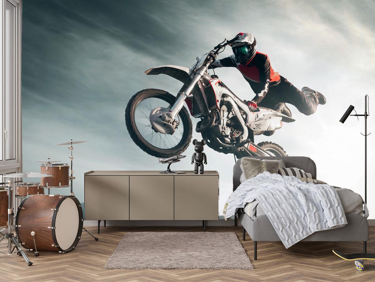 FOTOTAPETE für Jugendzimmer Motocross Sprung Mann Sport Berge Action 500x350 - Grau, Papier (500/350cm) - Muralo