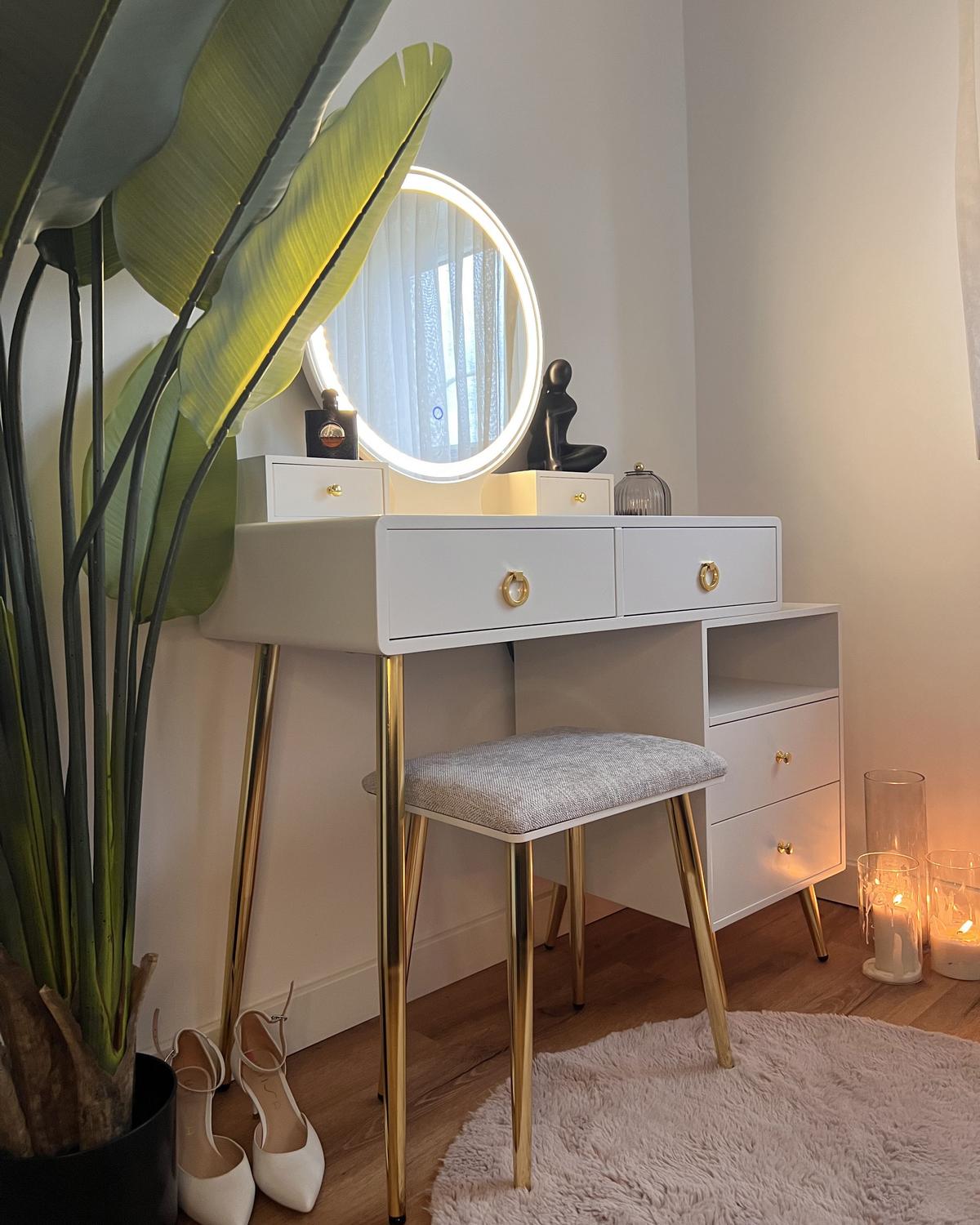 SCHMINKTISCH mit rundem LED-Spiegel Hocker 6 Schubladen weiß/gold Yves - Goldfarben/Weiß, Holzwerkstoff (98/133/38cm) - Beliani
