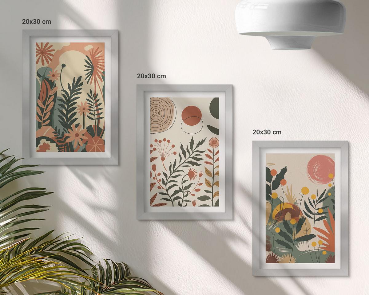BILDER SET 3er Set - 20x30 cm Silberner Rahmen - Vintage-Pflanzenmuster in Pastellfarben - Silberfarben, Kunststoff (20/30cm) - TULUP