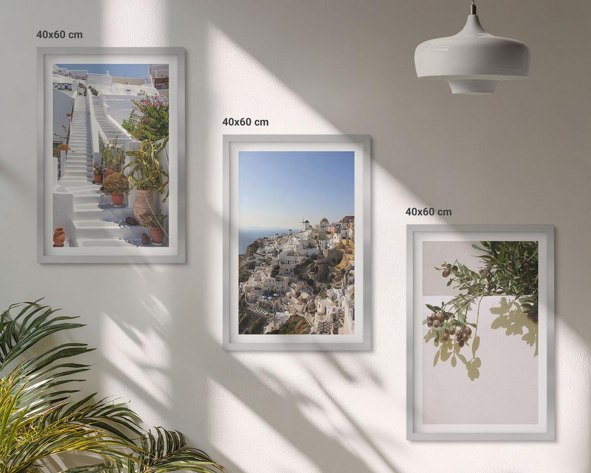 BILDER SET 3er Set - 40x60 cm Silberner Rahmen - Weiße Treppe mit Blick auf Santorini - Silberfarben, Kunststoff (40/60cm) - TULUP