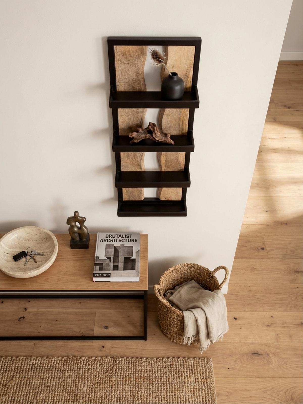 WANDREGAL Mango Massivholz Metall Industrial Stil 30x80x10 cm Rechteckig mit 4 Ablagen und Wellenmuster - Braun, Holz (80/30/10cm) - KADIMA DESIGN